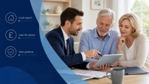 Equity Release Brokers in Upminster adviser giving later-life mortgage guidance to an over-55 couple