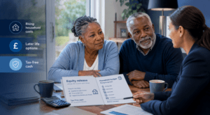 Equity Release and Rising Living Costs discussed by an older couple with a financial adviser.