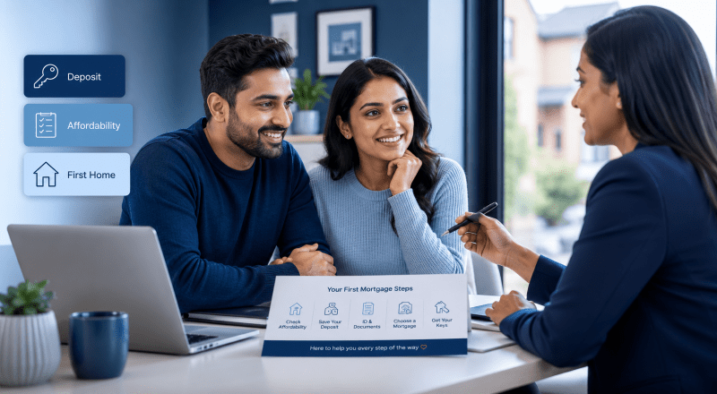 First-Time Buyer Mortgage Checklist discussed by a couple and mortgage adviser, covering deposits, affordability and buying a first home.
