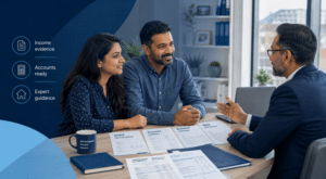 Self-employed couple reviewing mortgage evidence, including accounts, SA302 tax calculations and bank statements, with a mortgage adviser.