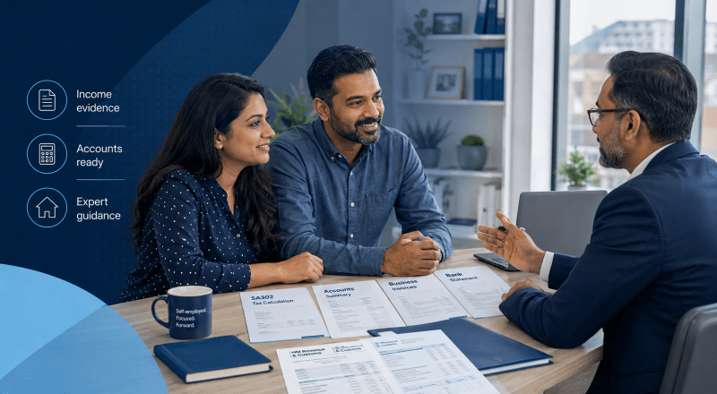 Self-employed couple reviewing mortgage evidence, including accounts, SA302 tax calculations and bank statements, with a mortgage adviser.