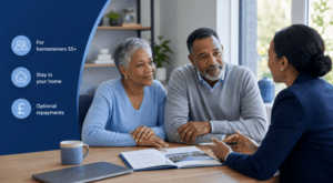 What Is a Lifetime Mortgage? Older couple discussing lifetime mortgage options with a professional adviser.