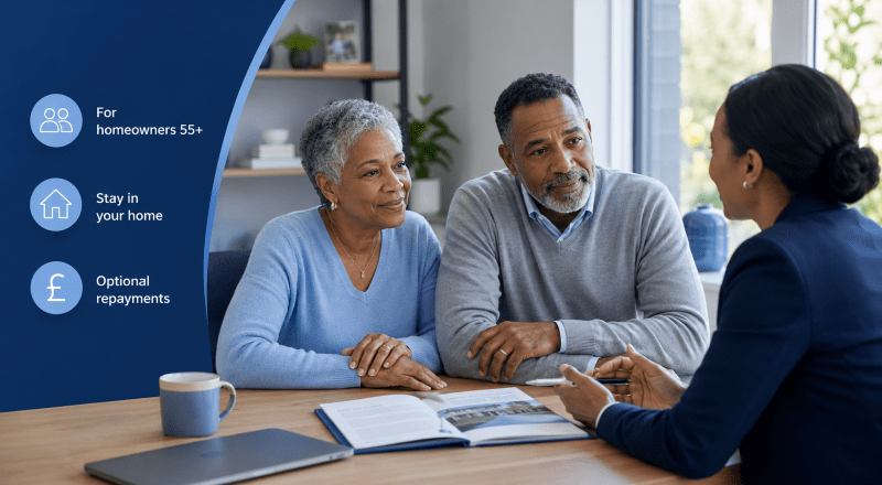 What Is a Lifetime Mortgage? Older couple discussing lifetime mortgage options with a professional adviser.