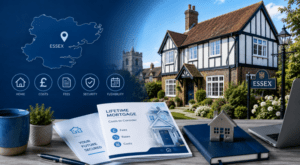 Lifetime Mortgage Costs for Essex, showing an Essex home, location map, and icons representing fees, rates, security, and flexibility.