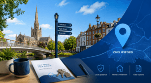 Chelmsford city centre and cathedral with location icons representing an Equity Release Adviser in Chelmsford.