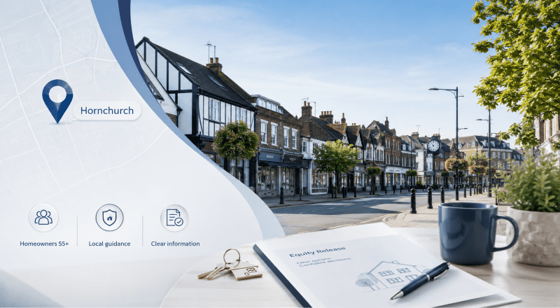 Equity Release Adviser in Hornchurch with local high street, property keys and later-life mortgage guidance icons