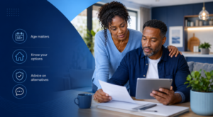 Equity Release Under 55 advice with a couple reviewing options at home using branded blue finance icons.