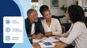 Equity Release and Family – older couple discussing inheritance and later-life planning with family at home