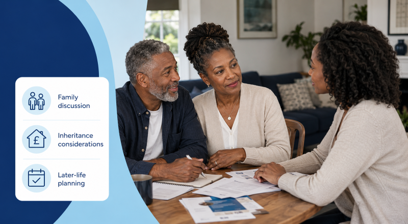 Equity Release and Family – older couple discussing inheritance and later-life planning with family at home