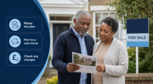 Can I Sell My House With Equity Release? Older couple reviewing property sale options outside their home with equity release repayment and porting icons