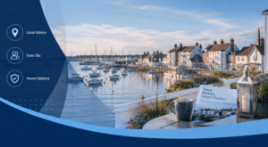 Equity Release Adviser in Brightlingsea with coastal harbour views, local homes, sailboats and trusted later-life mortgage guidance icons.