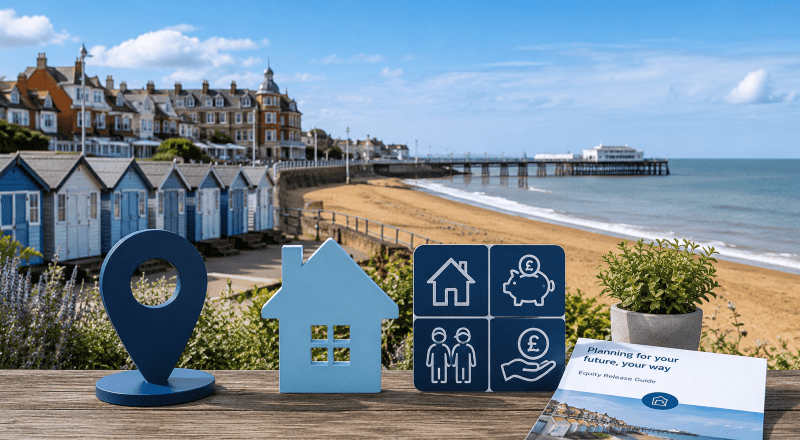 Equity Release Adviser in Clacton-on-Sea hero image showing a coastal seafront with beach huts, a pier, and property and retirement planning icons in Connect’s dark and light blue brand colours.