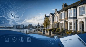 Equity Release Adviser in Grays with local homes, Thames waterfront and location map graphics.