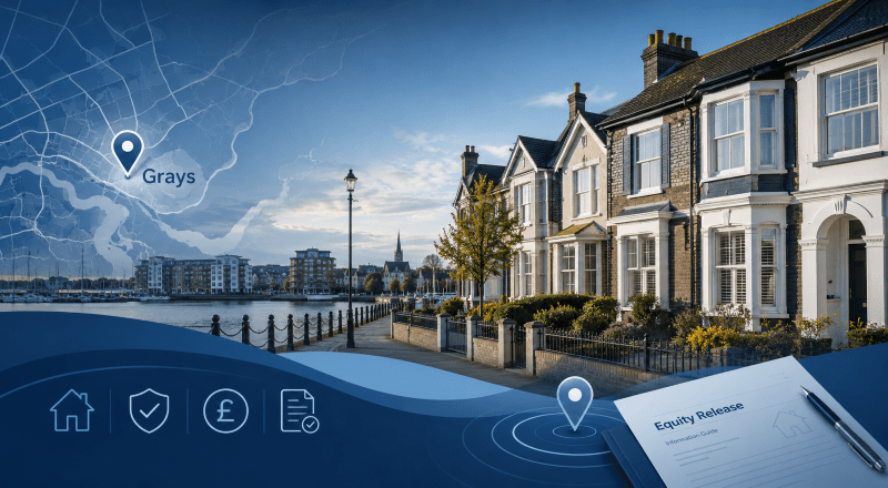 Equity Release Adviser in Grays with local homes, Thames waterfront and location map graphics.