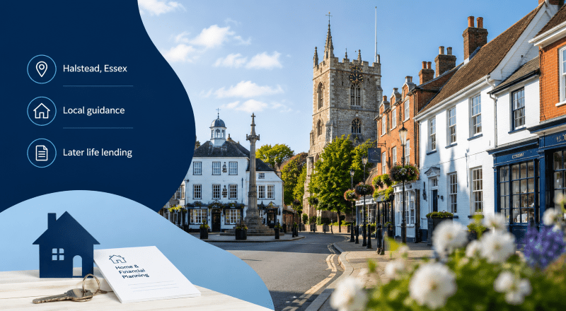 Equity Release Adviser in Halstead with a view of the historic Essex market town, local homes and later-life lending icons.