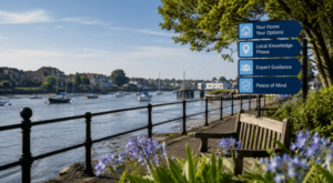 Equity Release Adviser in Pitsea hero image showing a calm waterfront scene with boats, riverside homes, a bench and blue wayfinding signs highlighting home options, local knowledge, expert guidance and peace of mind.