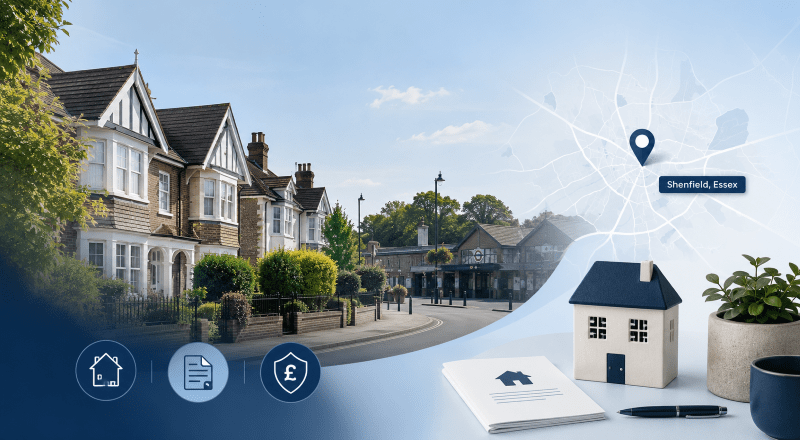 Equity Release Adviser in Shenfield with local Essex homes, a location map, and home finance icons.