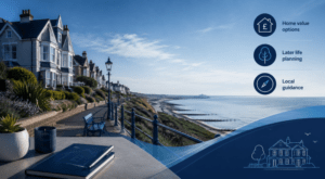 Equity Release Adviser in Westcliff-on-Sea with coastal homes, seafront views and later-life planning icons.