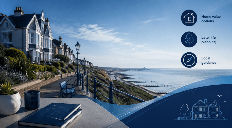 Equity Release Adviser in Westcliff-on-Sea with coastal homes, seafront views and later-life planning icons.