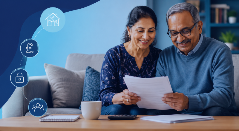 What is Equity Release? Mature couple reviewing documents at home, with icons showing home value, security, finance and family support.