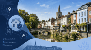 Equity Release Adviser in Bishop's Stortford with a local town and riverside scene, property icons and blue financial branding.