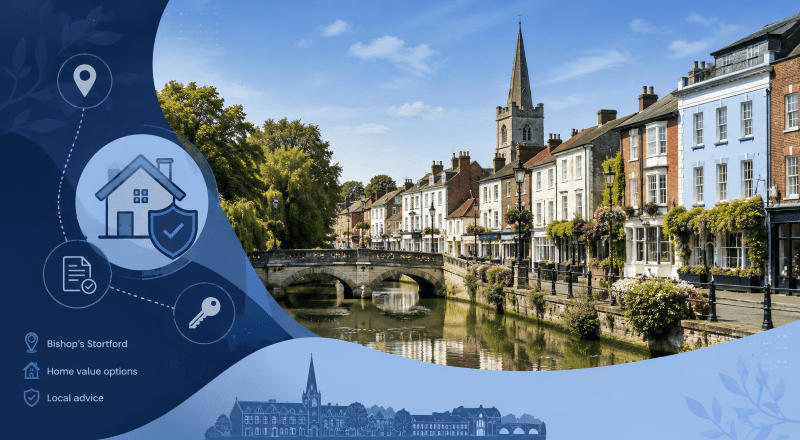 Equity Release Adviser in Bishop's Stortford with a local town and riverside scene, property icons and blue financial branding.