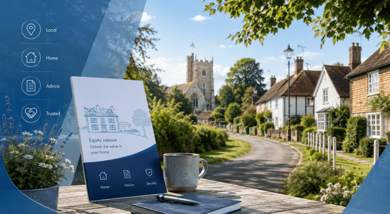 Equity Release Adviser in Bobbingworth with a village street, traditional homes, church tower and subtle home advice icons.
