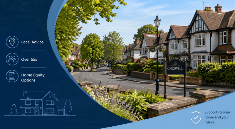 Equity Release Adviser in Chigwell with a leafy residential street, traditional homes and local equity release guidance icons.