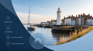 Equity Release Adviser in Harwich with a view of the harbour, lighthouse, boats and traditional Essex waterfront homes.
