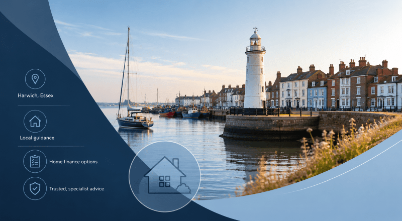 Equity Release Adviser in Harwich with a view of the harbour, lighthouse, boats and traditional Essex waterfront homes.
