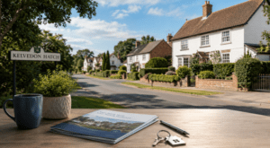 Equity Release Adviser in Kelvedon Hatch with village homes, location sign, property documents and house keys.