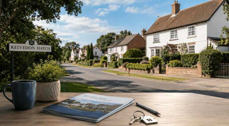 Equity Release Adviser in Kelvedon Hatch with village homes, location sign, property documents and house keys.