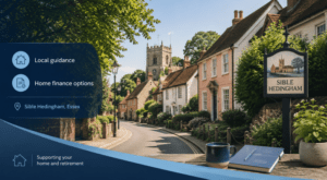 Equity Release Adviser in Sible Hedingham with a village street, traditional cottages and local home finance guidance.