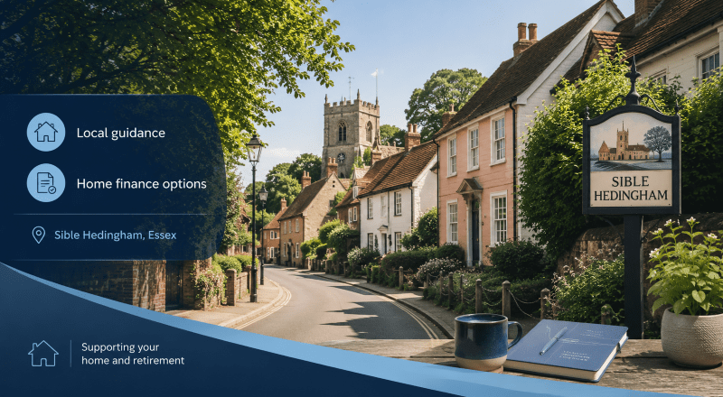 Equity Release Adviser in Sible Hedingham with a village street, traditional cottages and local home finance guidance.