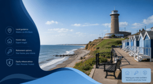 Equity Release Adviser in Walton-on-the-Naze with a coastal view of the Naze Tower, beach huts and seafront.