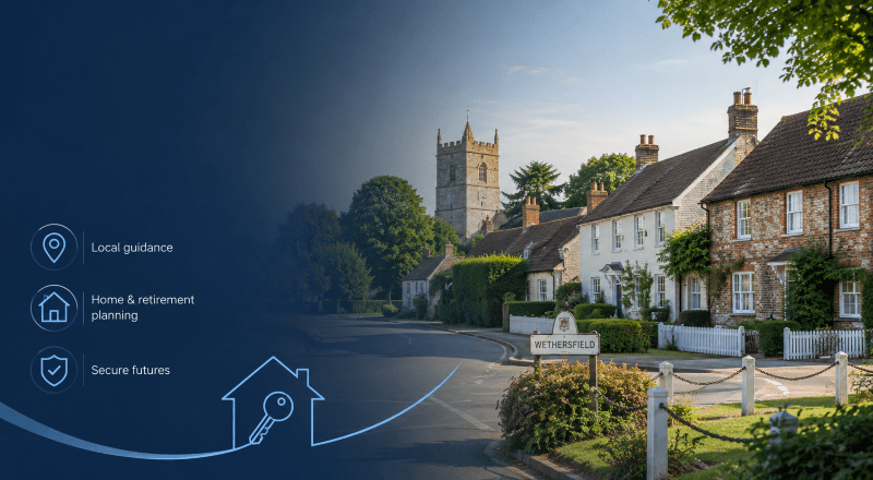 Equity Release Adviser in Wethersfield with village homes, local guidance icons and retirement planning imagery.