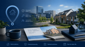 Equity Release Adviser in Basildon with local homes, town-centre buildings and later-life planning icons.