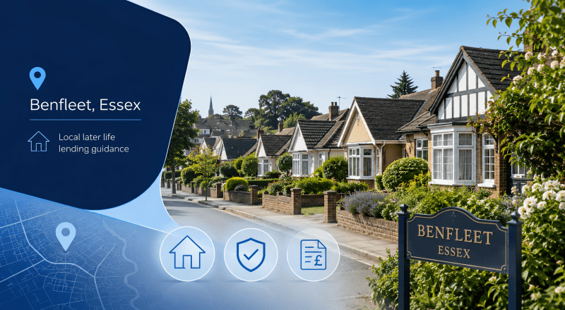 Equity Release Adviser in Benfleet, Essex, with local homes and later life lending icons.