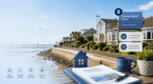 Equity Release Adviser in Canvey Island with coastal homes, the seawall and property finance icons.