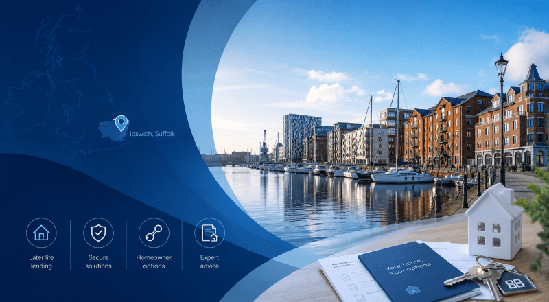 Equity Release Adviser in Ipswich with Ipswich Waterfront, marina, location map and later-life homeowner finance icons.