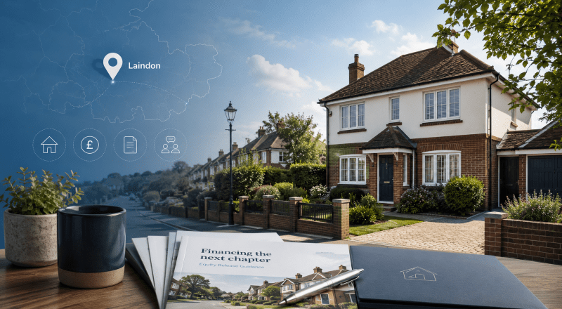 Equity Release Adviser in Laindon with a local Essex home, location map pin and property finance icons.