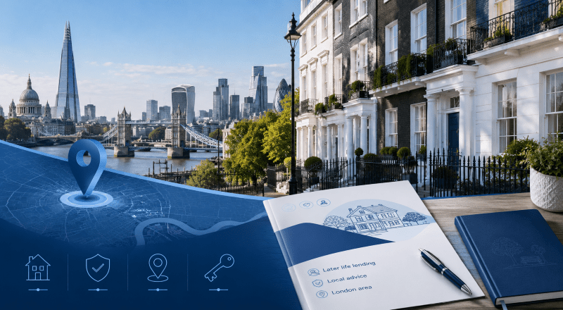 Equity Release Adviser in London with city skyline, residential homes and local property advice icons