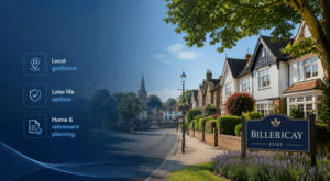 Equity Release Adviser in Billericay with local homes, town sign and later-life planning icons.