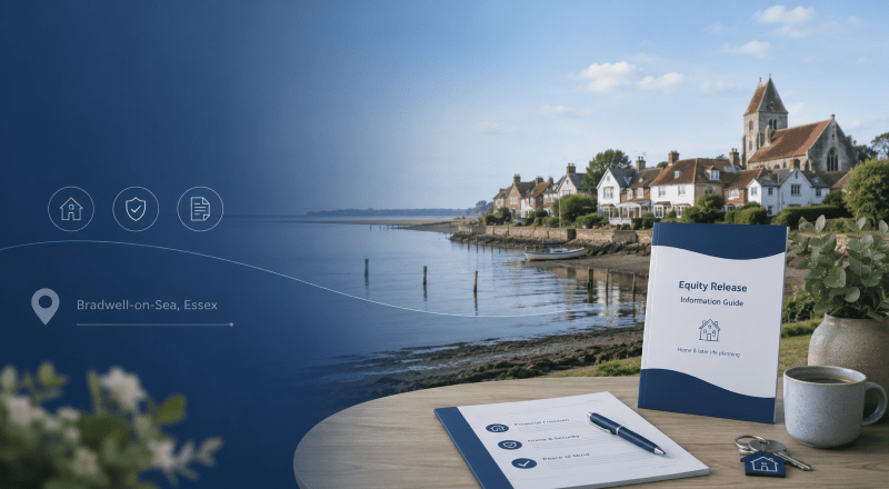 Equity Release Adviser in Bradwell-on-Sea with coastal Essex homes, property documents and later life planning icons.