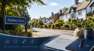Equity Release Adviser in Danbury with a view of a leafy residential street, local homes and later-life finance guidance materials.