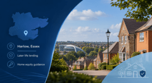 Equity Release Adviser in Harlow with local Essex homes, location map and later life lending icons.