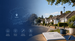 Equity Release Adviser in Hockley with Essex location map, residential homes and later-life planning icons.