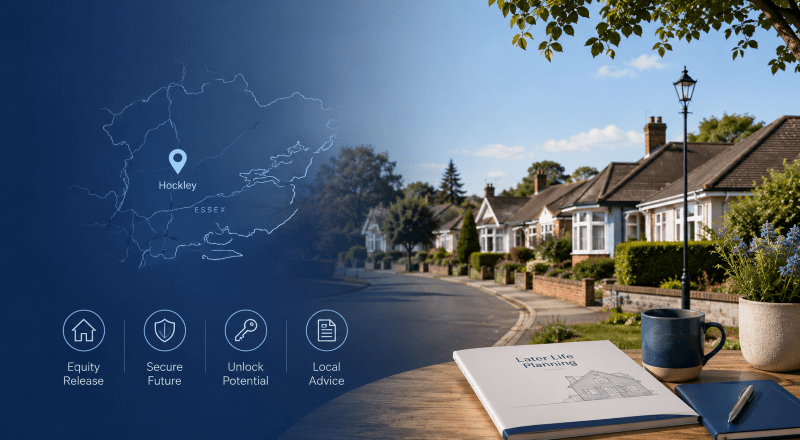 Equity Release Adviser in Hockley with Essex location map, residential homes and later-life planning icons.
