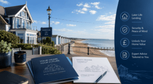 Equity Release Adviser in Frinton-on-Sea with coastal homes, beach huts and later-life lending icons.