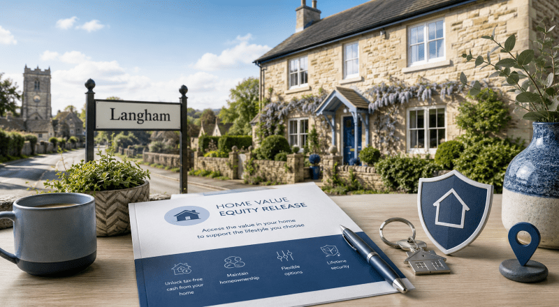 Equity Release Adviser in Langham with a village home, local sign and later-life mortgage planning symbols.